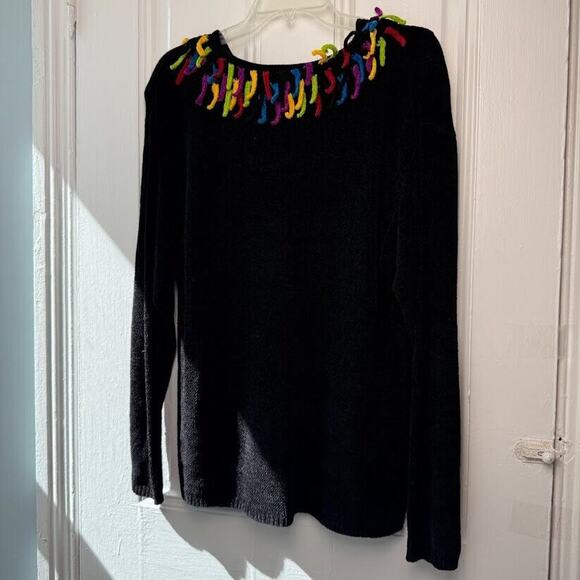 VTG Colorful Fringe Sweater Womens Large Black Knit Shoulder Pads Chenile - Picture 4 of 5